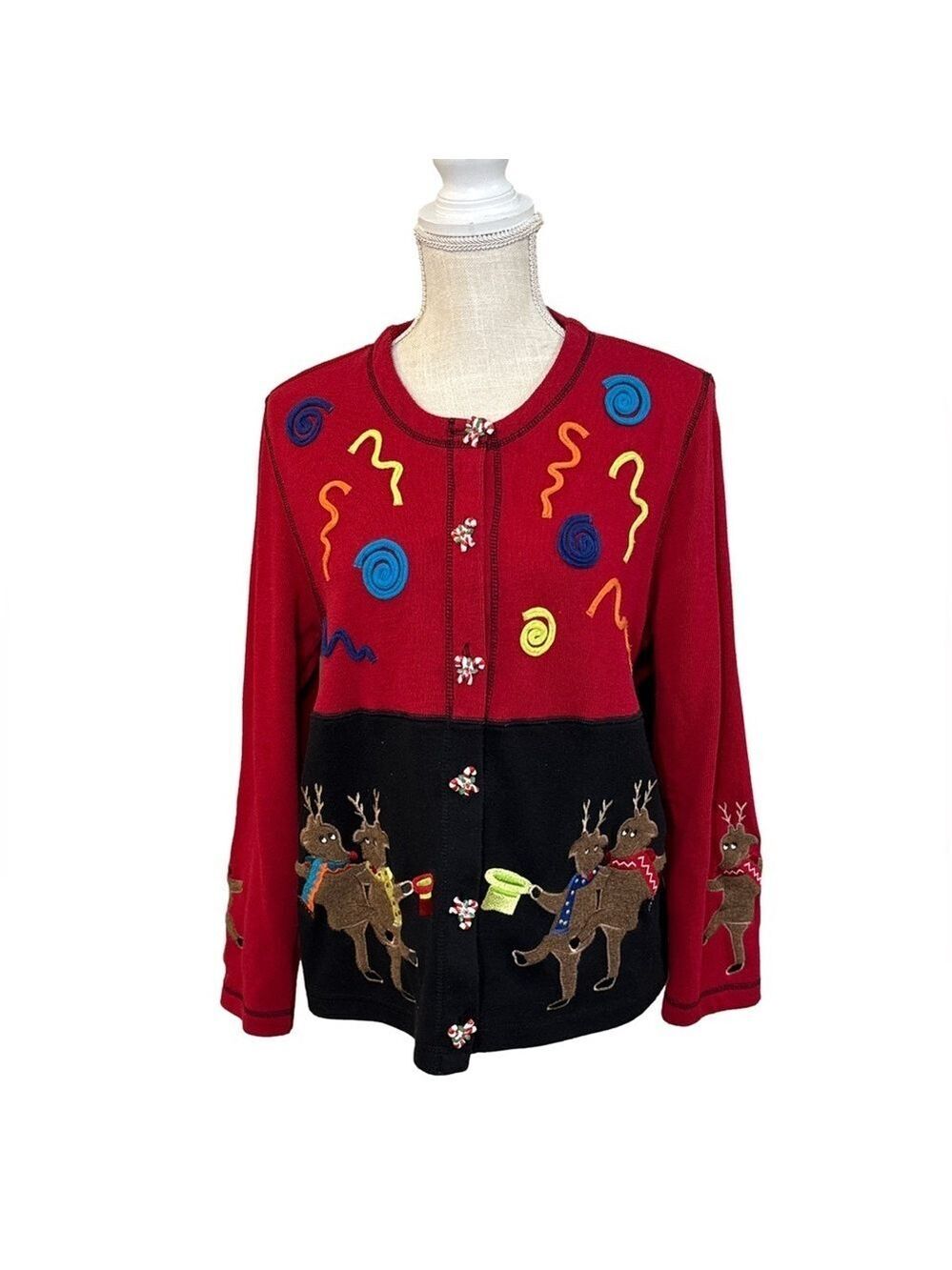 Vintage Onque Casuals Ugly Christmas Sweater. Dancing Reindeer Design. Size L